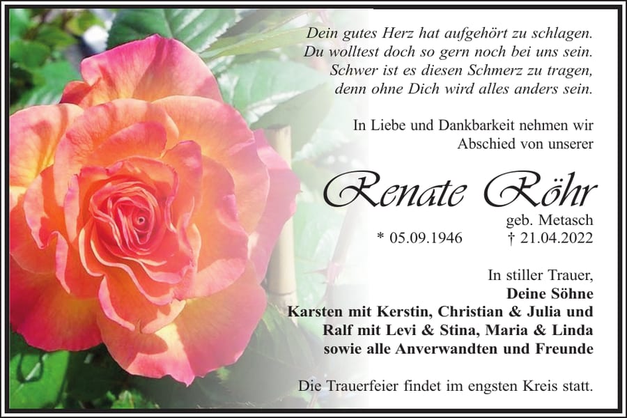 Traueranzeige Renate Röhr, geb. Metasch