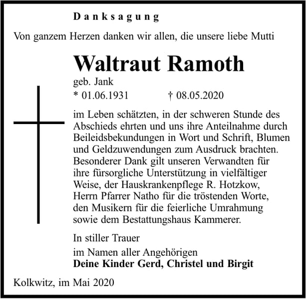 Danksagung Waltraut Ramoth, geb. Jank