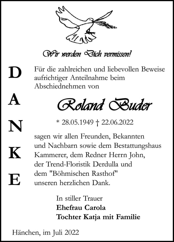 Traueranzeige Roland Buder