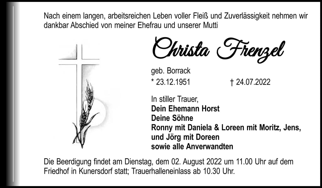Traueranzeige Christa Frenzel, geb. Borrack