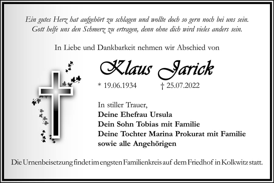 Traueranzeige Klaus Jarick