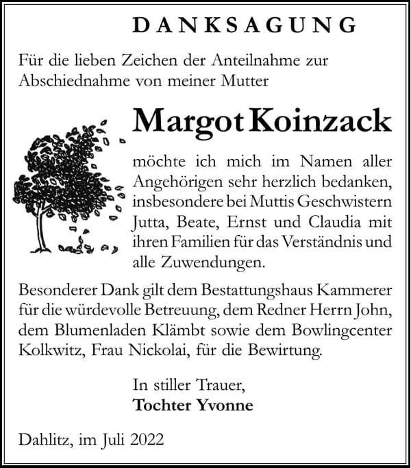 Danksagung Margot Koinzack