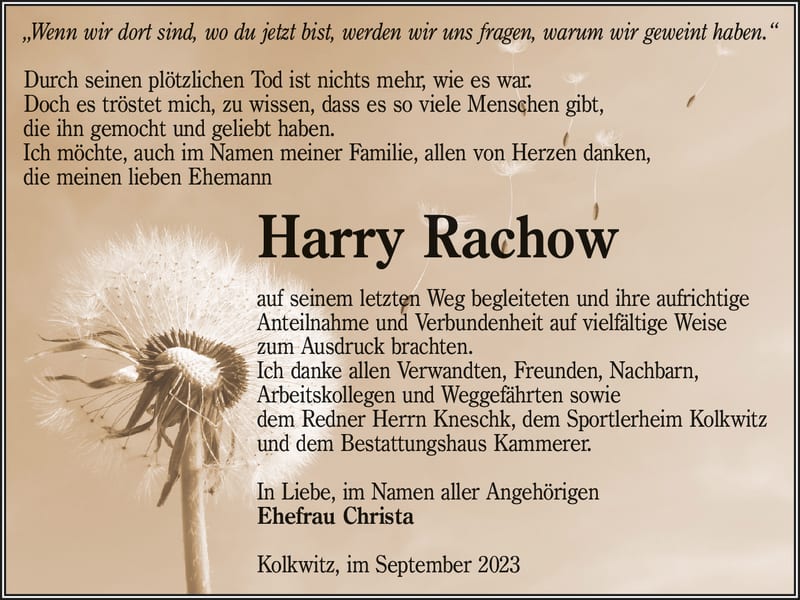 Danksagung Harry Rachow