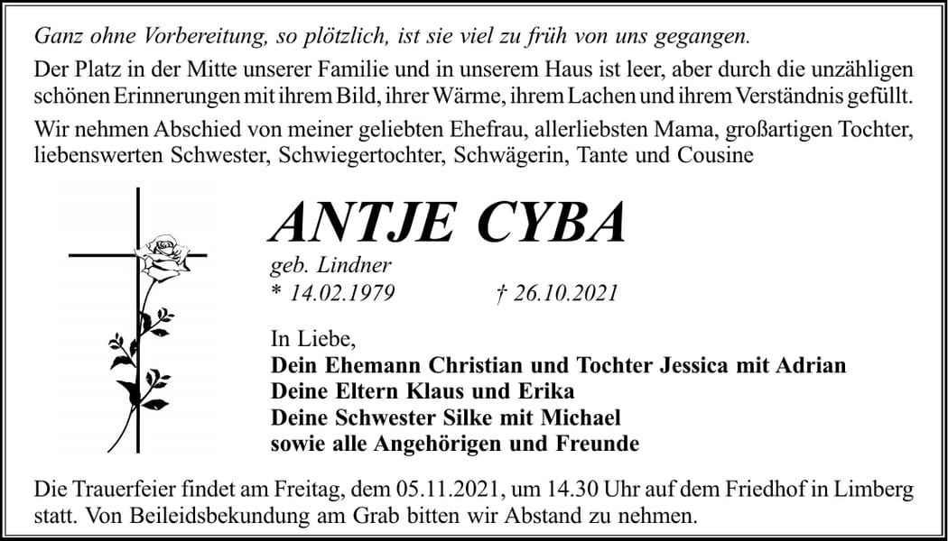 Traueranzeige Antje Cyba, geb. Lindner