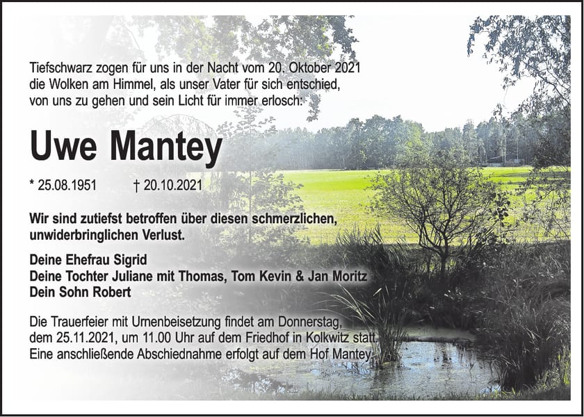 Traueranzeige Uwe Mantey