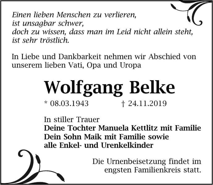 Traueranzeige Wolfgang Belke