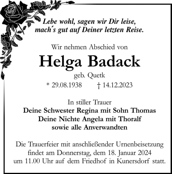 Traueranzeige Helga Badack, geb. Quetk