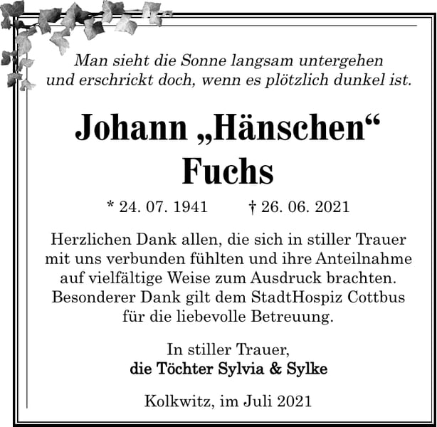 Danksagung Johann „Hänschen“ Fuchs