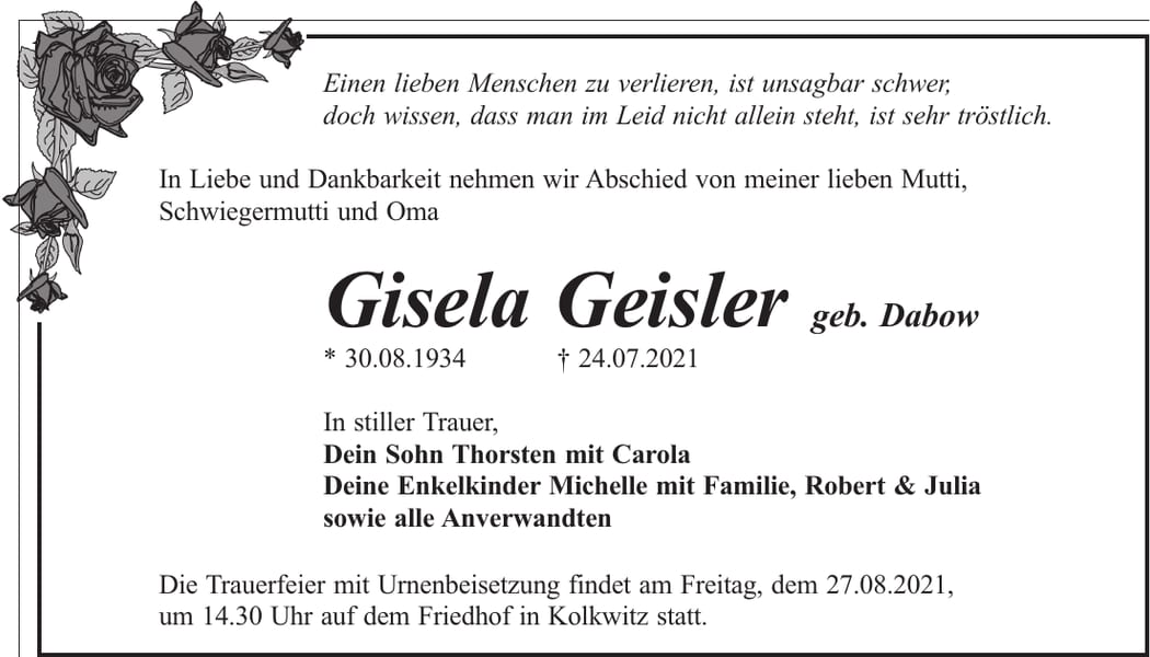 Traueranzeige Gisela Geisler, geb. Dabow