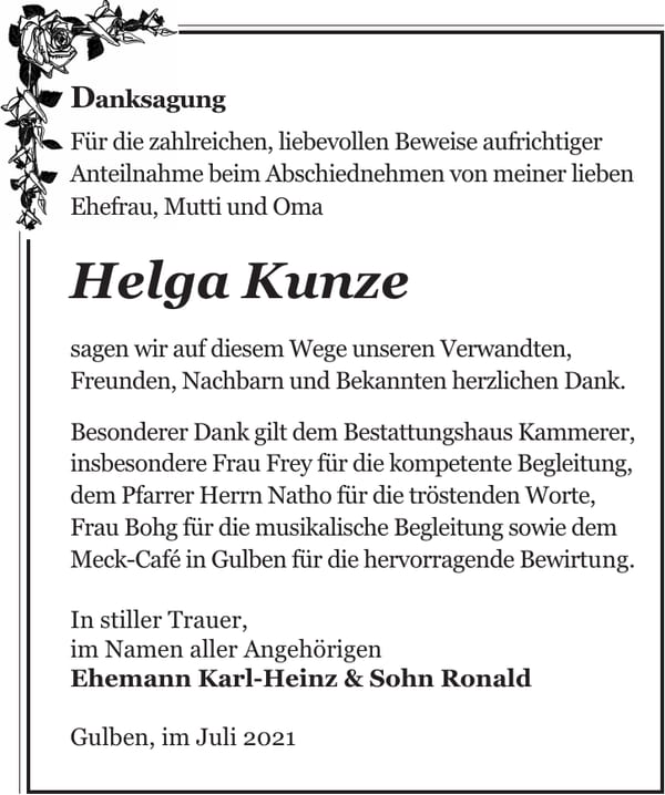 Danksagung Helga Kunze