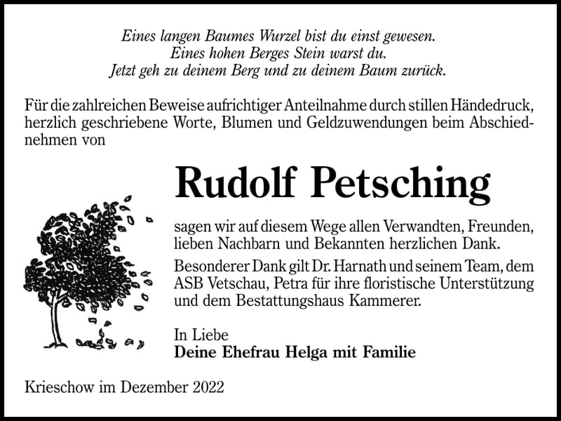 Danksagung Rudolf Petsching