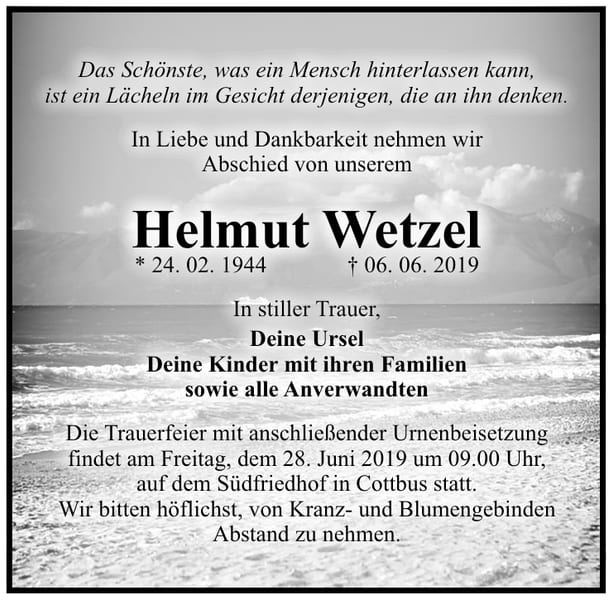 Traueranzeige Helmut Wetzel