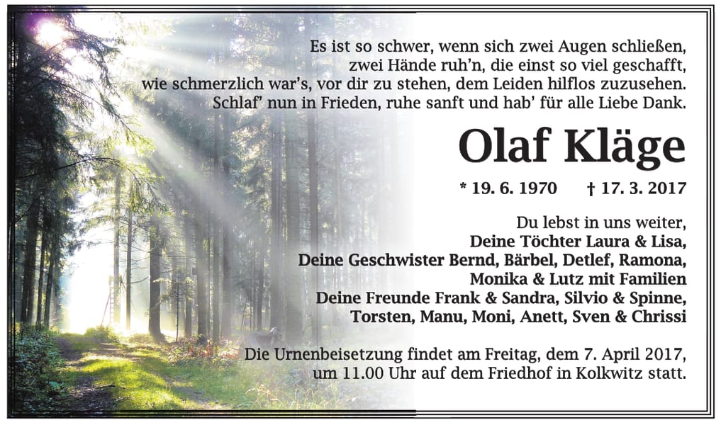 Traueranzeige Olaf Kläge