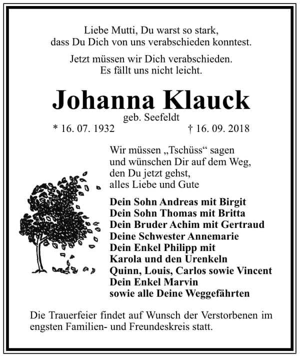Traueranzeige Johanna Klauck, geb. Seefeldt