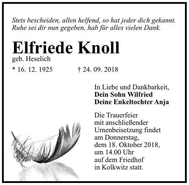 Traueranzeige Elfriede Knoll, geb. Heselich