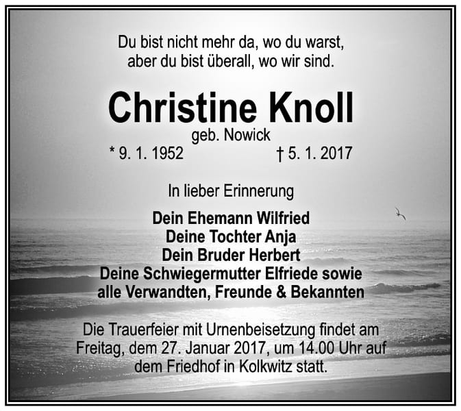 Traueranzeige Christine Knoll, geb. Nowick