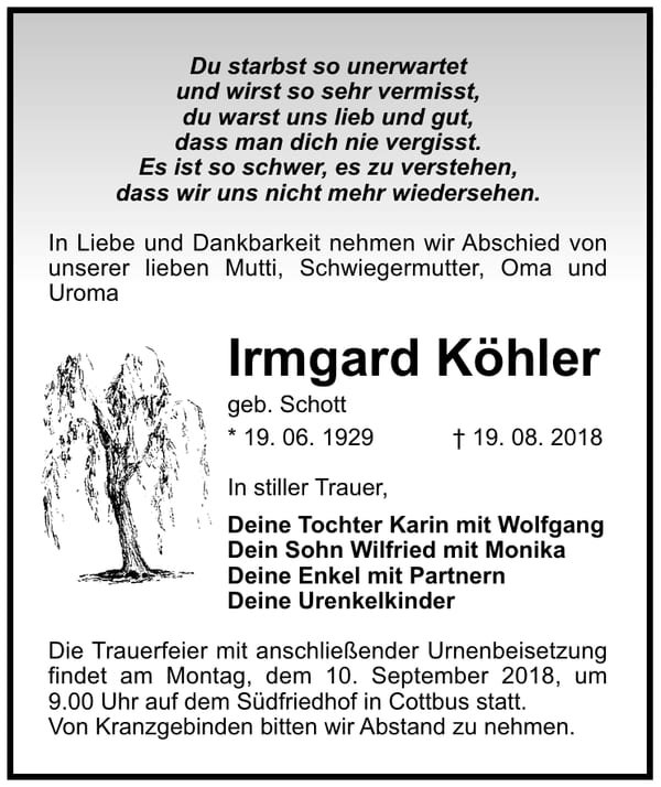 Traueranzeige Irmgard Köhler, geb. Schott