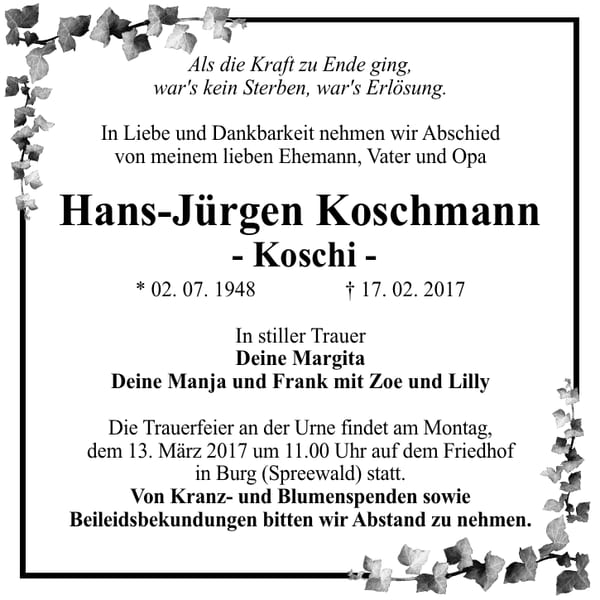 Traueranzeige Hans-Jürgen Koschmann