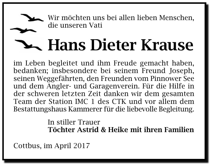 Danksagung Hans Dieter Krause