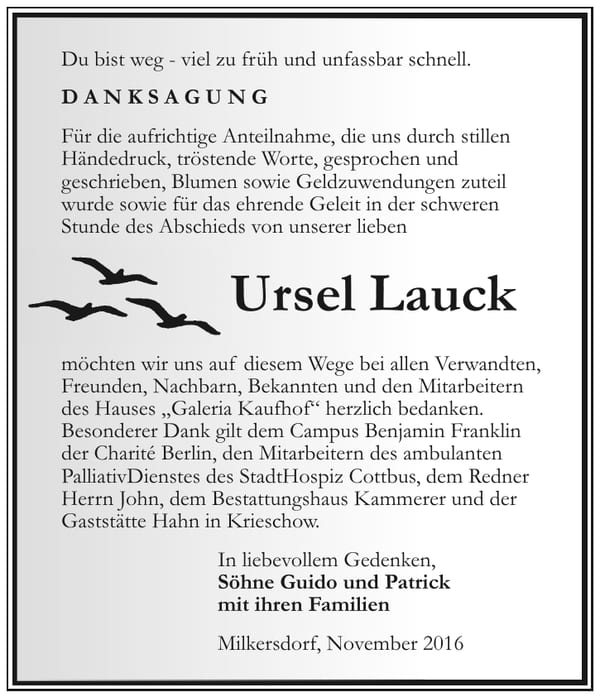 Danksagung Ursel Lauck