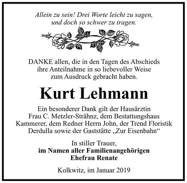 Traueranzeige Kurt Lehmann