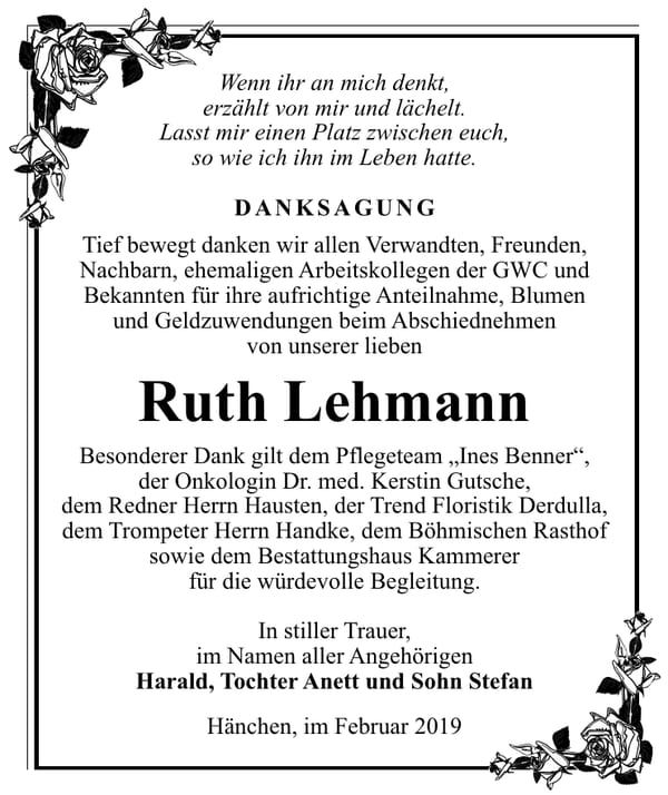 Traueranzeige Ruth Lehmann
