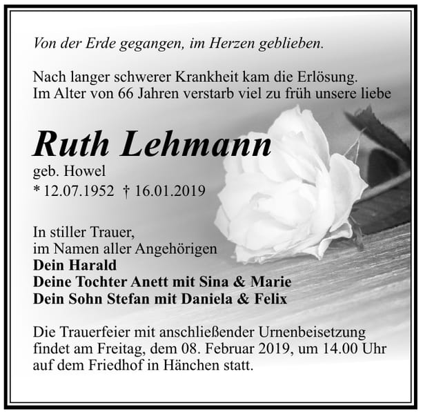 Traueranzeige Ruth Lehmann, geb. Howel