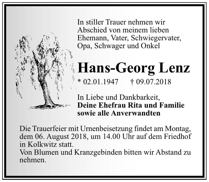 Traueranzeige Hans-Georg Lenz