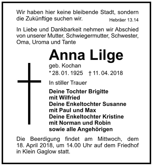 Traueranzeige Anna Lilge, geb. Kochan