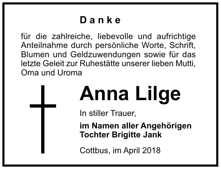 Traueranzeige Anna Lilge