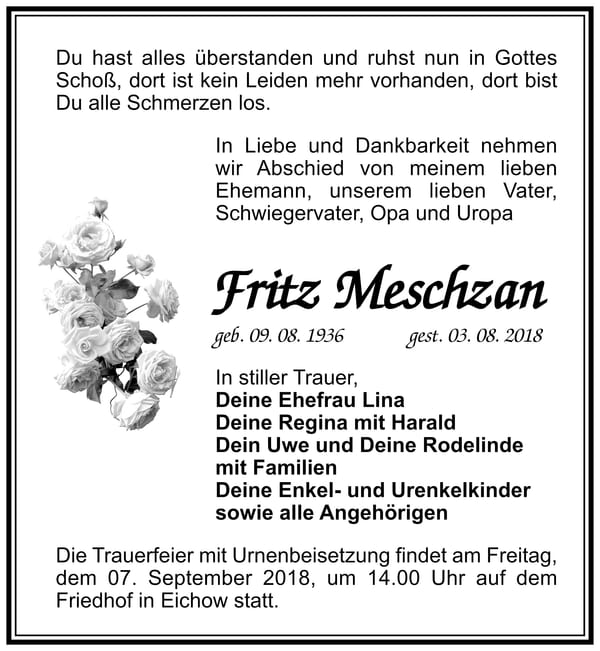 Traueranzeige Fritz Meschzan