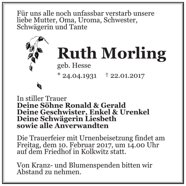 Traueranzeige Ruth Morling, geb. Hesse