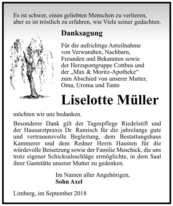 Danksagung Liselotte Müller