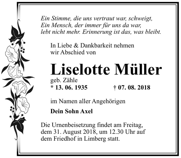 Traueranzeige Liselotte Müller, geb. Zähle