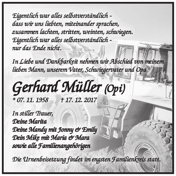 Traueranzeige Gerhard Müller
