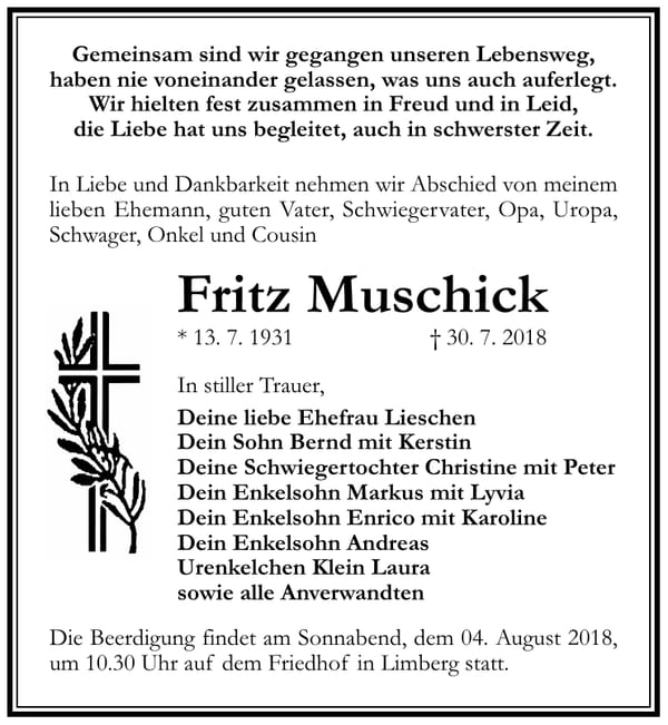 Traueranzeige Fritz Muschick