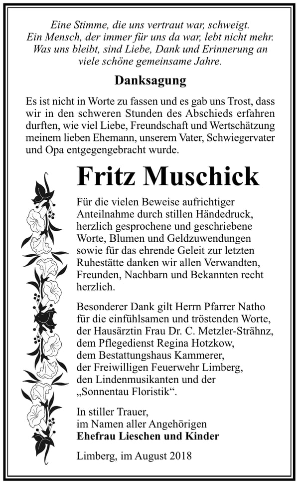Danksagung Fritz Muschick