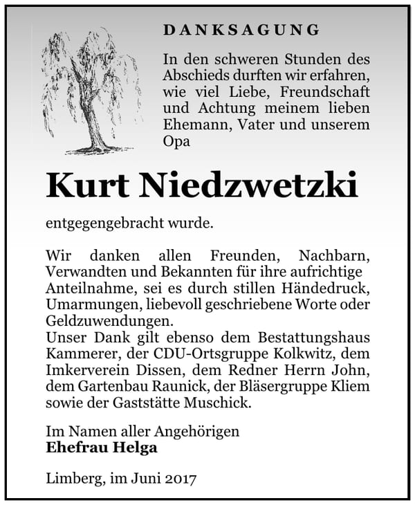 Danksagung Kurt Niedzwetzki