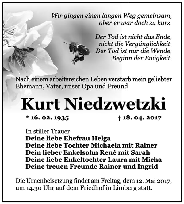 Traueranzeige Kurt Niedzwetzki