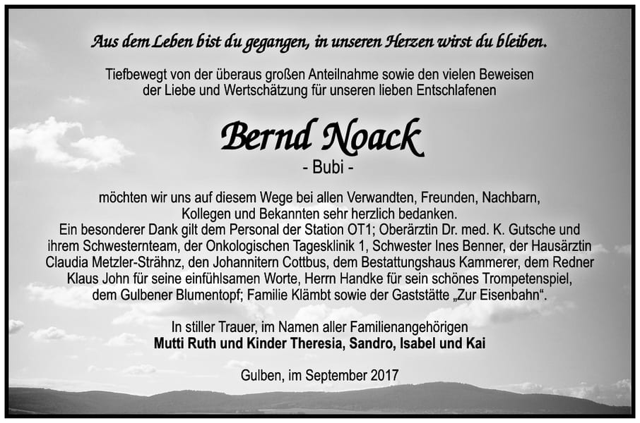 Danksagung Bernd „Bubi“ Noack