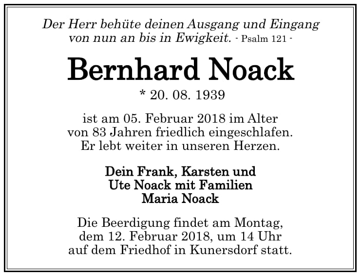 Traueranzeige Bernhard Noack