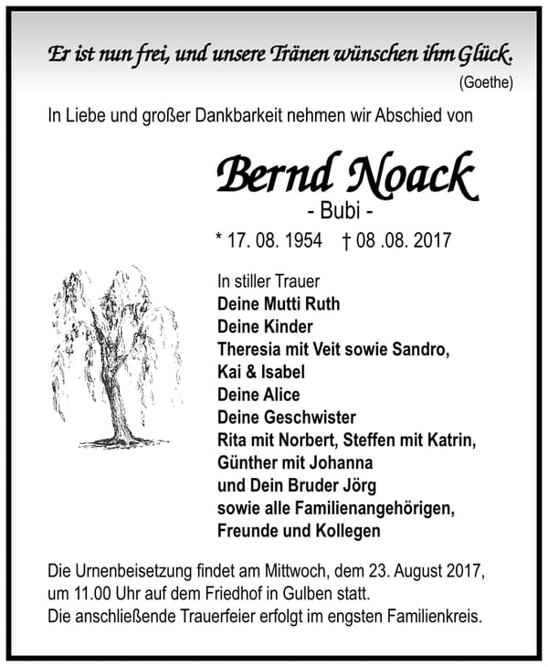 Traueranzeige Bernd „Bubi“ Noack