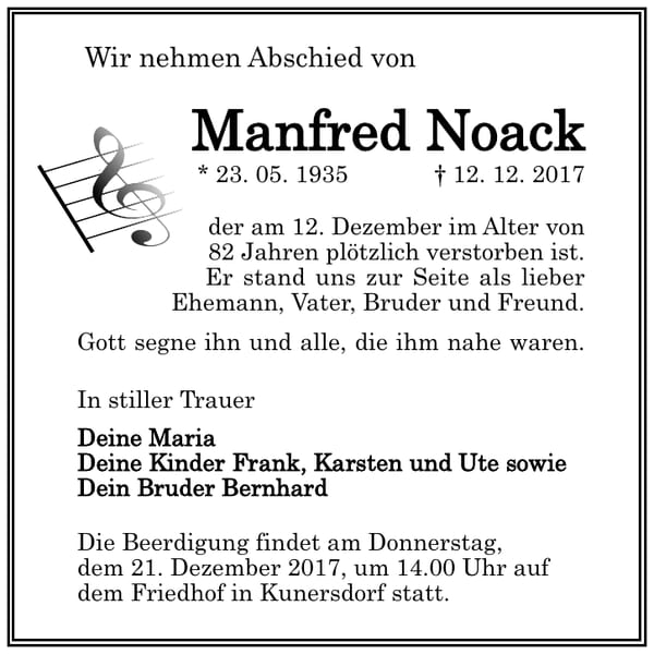 Traueranzeige Manfred Noack