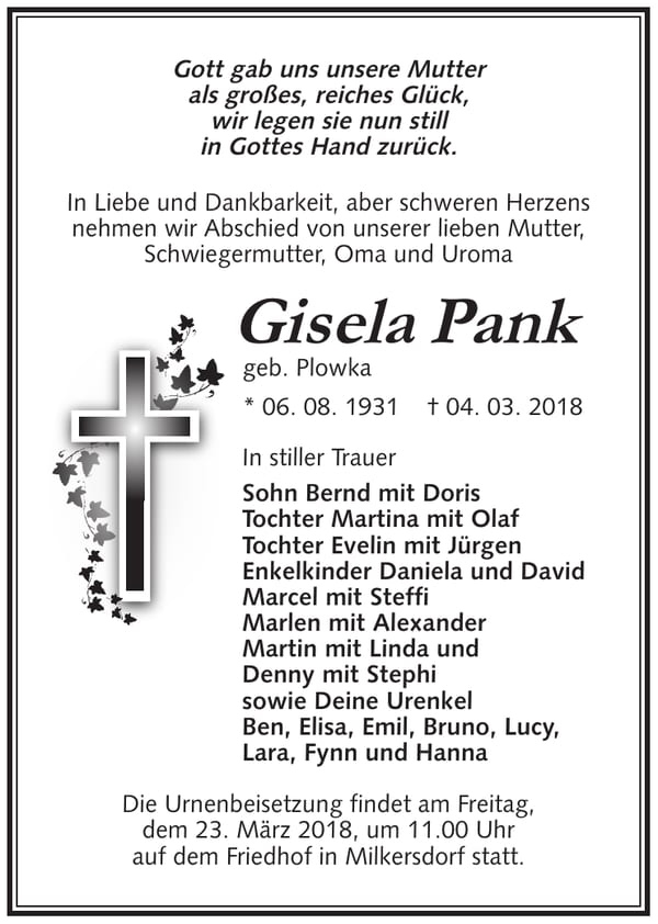 Traueranzeige Gisela Pank, geb. Plowka
