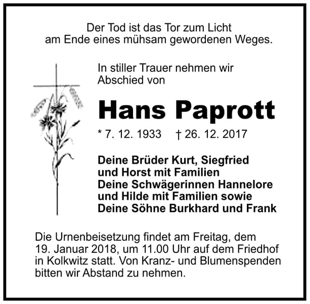Traueranzeige Hans Paprott