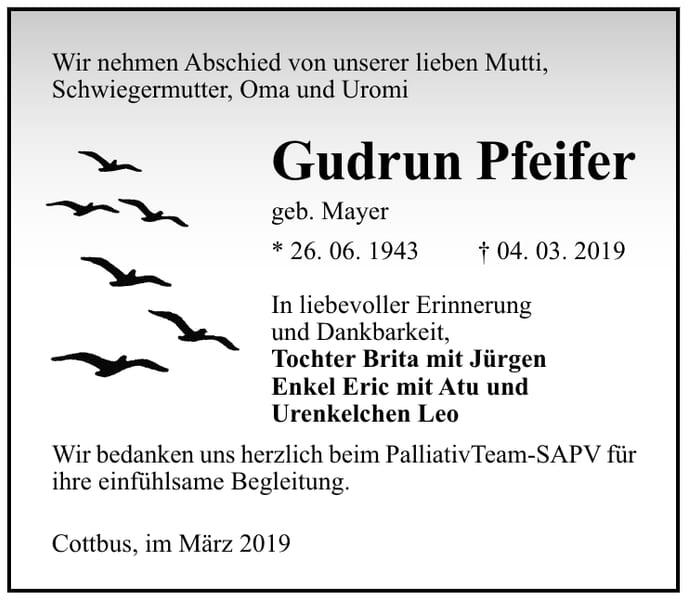 Traueranzeige Gudrun Pfeifer, geb. Mayer