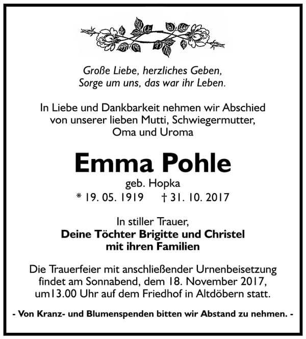 Traueranzeige Emma Pohle, geb. Hopka