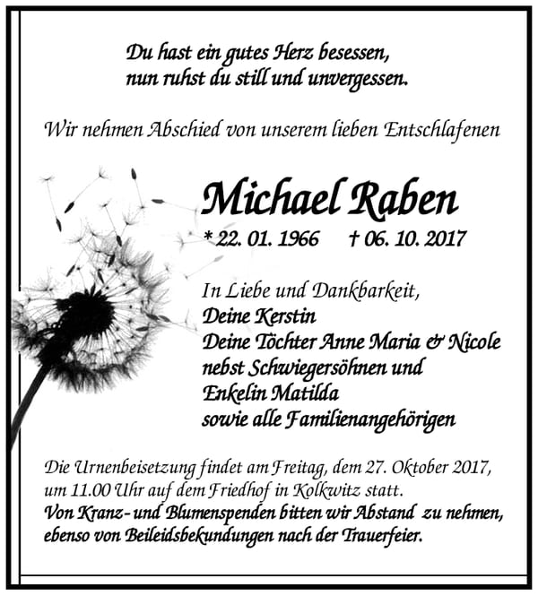 Traueranzeige Michael Raben