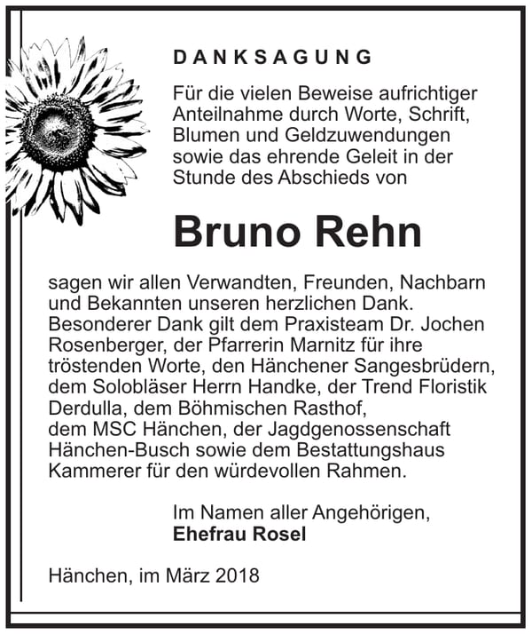 Danksagung Bruno Rehn