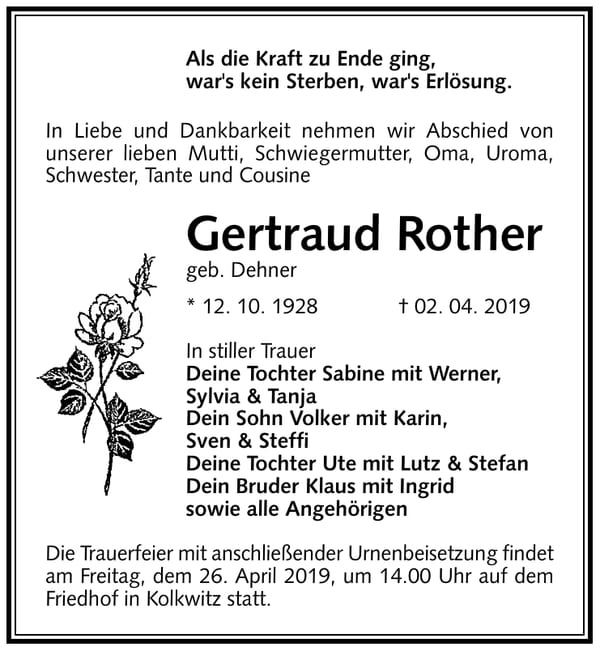 Traueranzeige Gertraud Rother, geb. Dehner
